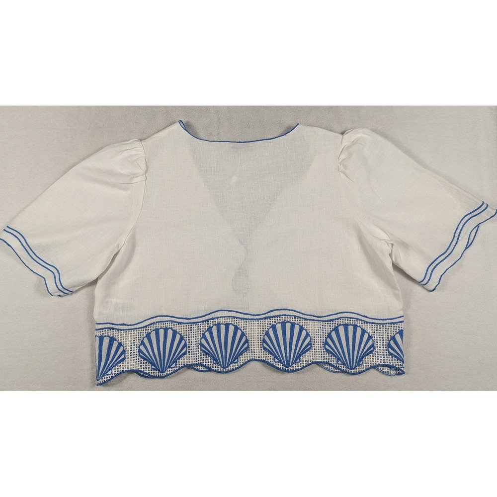 NEW Rails Venice White Blue Seashell Embroidered Linen Blend Crop Top Small - Picture 3 of 6
